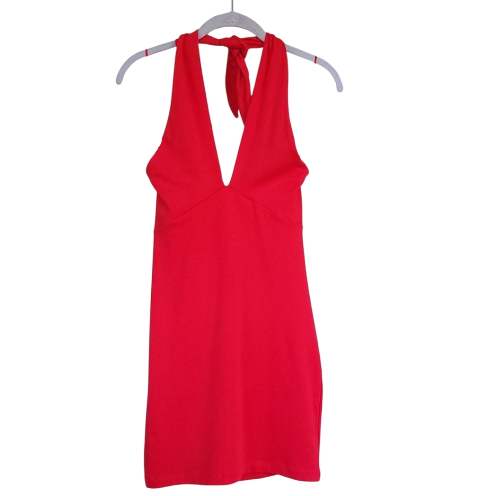 Zara Red Bodycon Halter Mini Dress L Open Back Going Out Club Party Rave - Picture 5 of 15